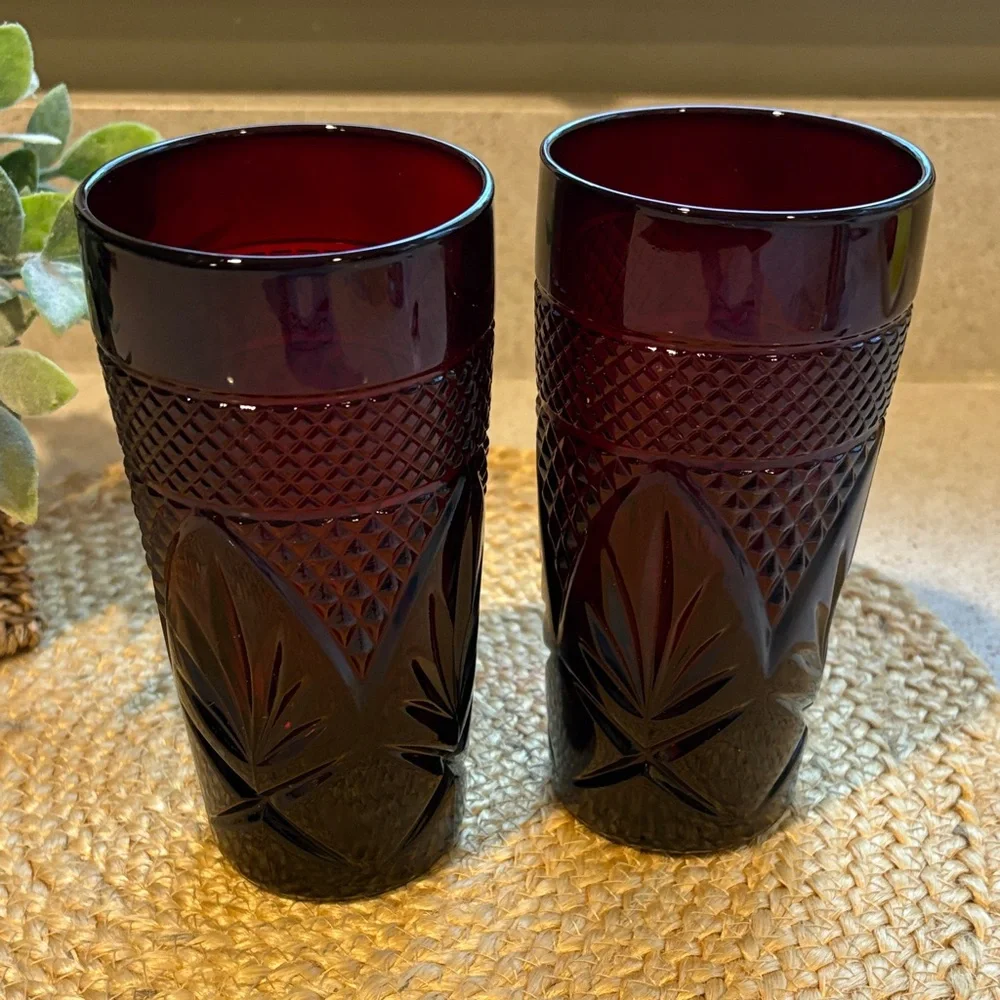 (2) Vintage Cristal D'Arques-Durand Antique Ruby Red Tumbler Glasses